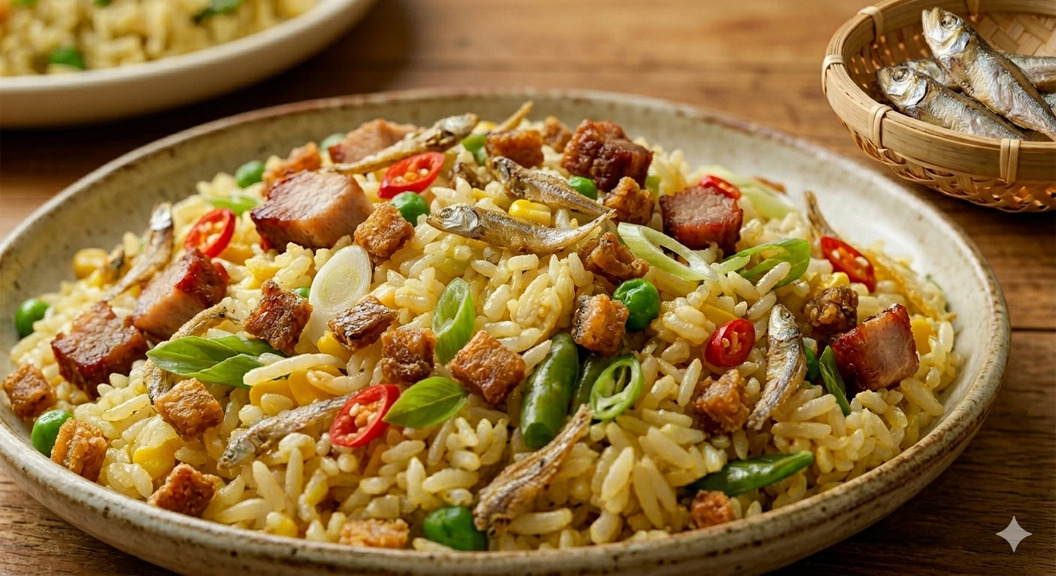 nasi goreng ikan asin jambal roti dengan aroma khas dan taburan bawang goreng