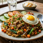nasi goreng ayam sayuran dengan telur ceplok dan sayur segar di atas piring