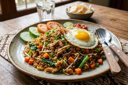 nasi goreng ayam sayuran dengan telur ceplok dan sayur segar di atas piring