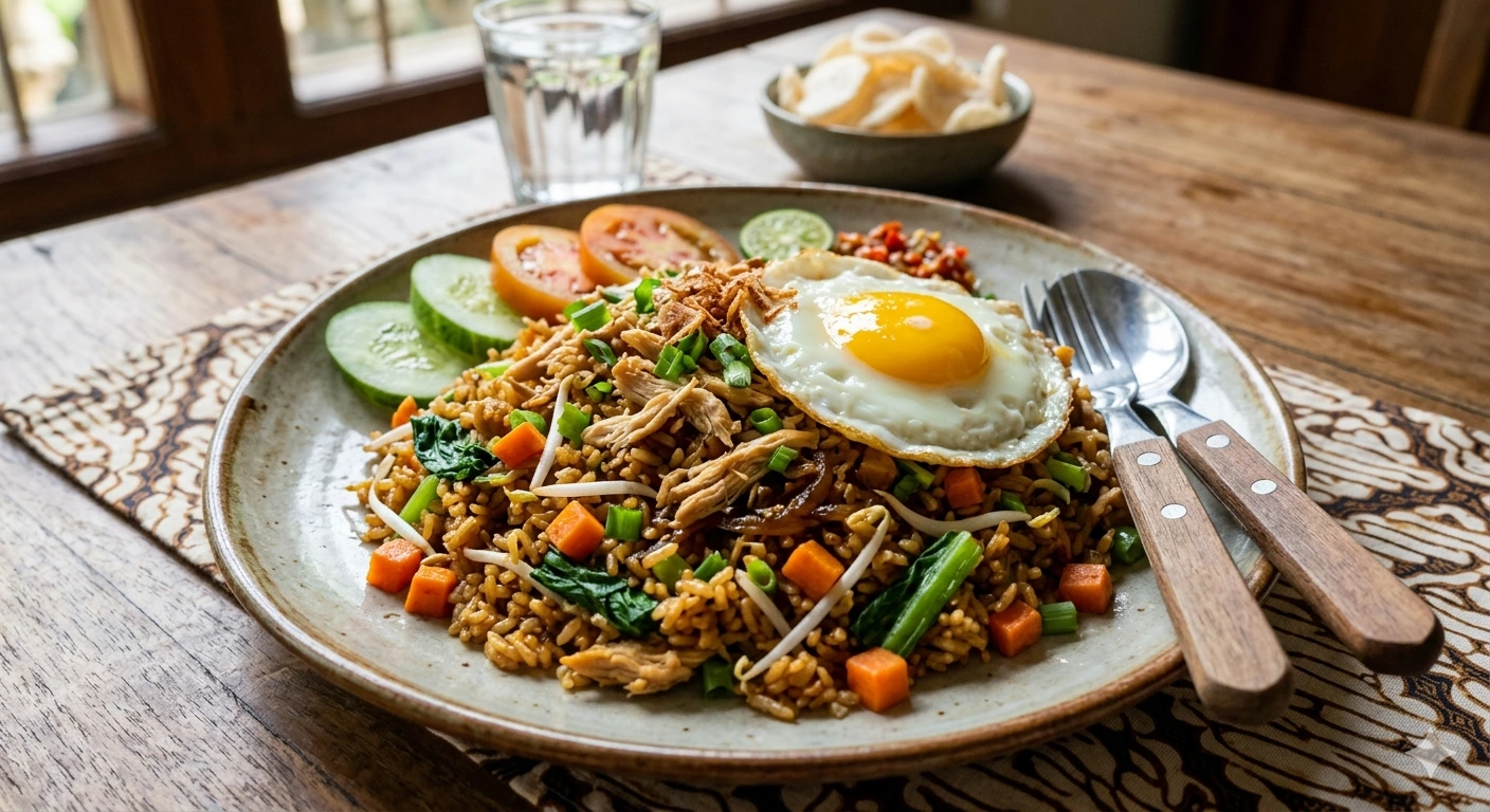 nasi goreng ayam sayuran dengan telur ceplok dan sayur segar di atas piring