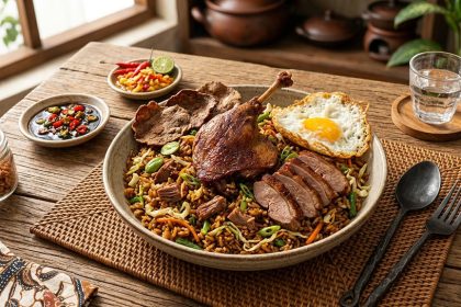 nasi goreng bebek dengan daging bebek empuk dan bumbu rempah khas indonesia