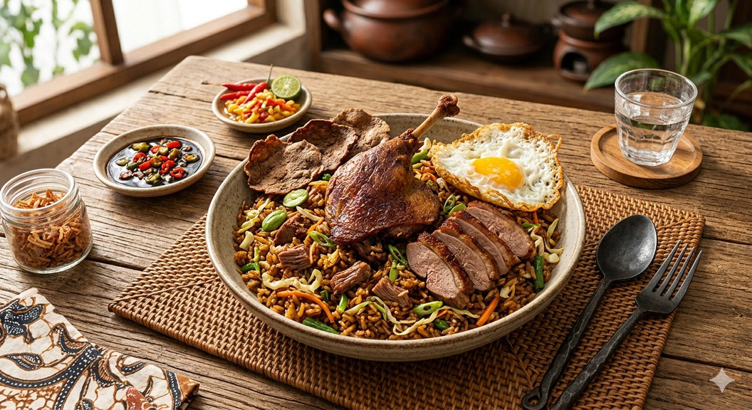 nasi goreng bebek dengan daging bebek empuk dan bumbu rempah khas indonesia