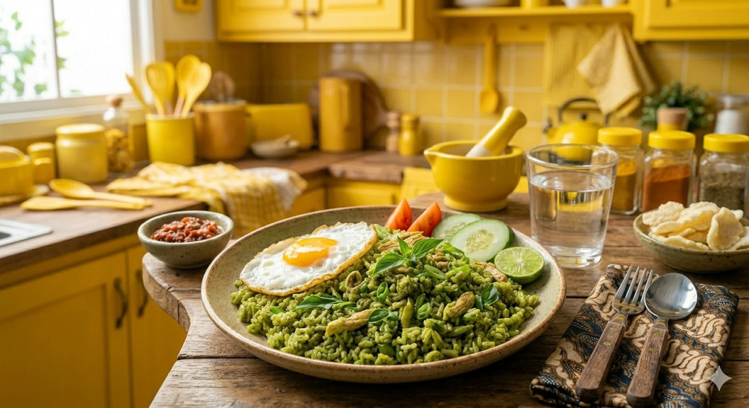 nasi goreng hijau kemangi dengan warna alami dari cabai hijau dan aroma segar daun kemangi
