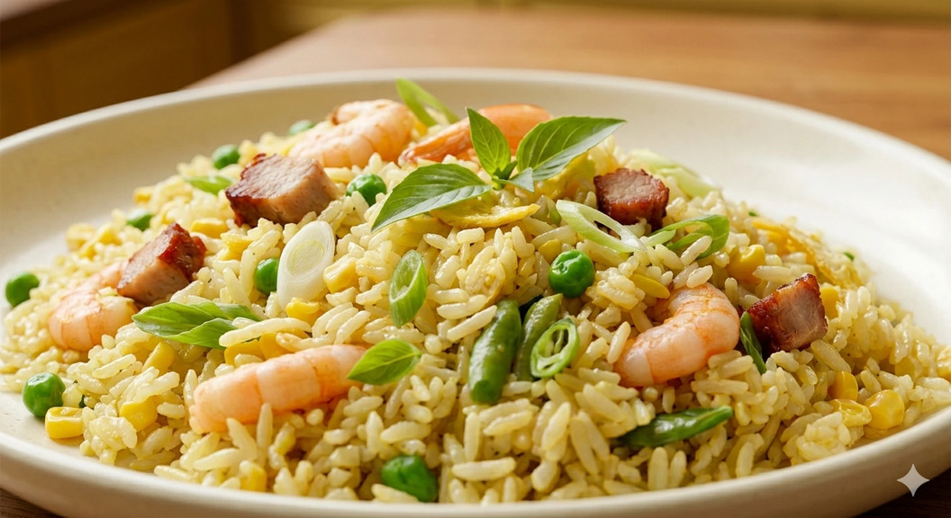 nasi goreng hongkong dengan udang ayam dan sayuran warna-warni khas chinese food