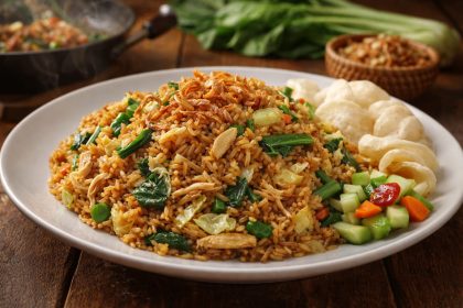 nasi goreng jawa khas dengan bumbu ulek tradisional dan telur serta ayam suwir