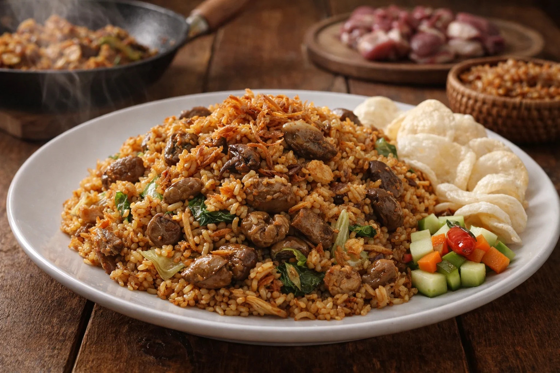 nasi goreng jeroan sapi pedas dengan ati ampela dan taburan bawang goreng