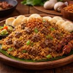 nasi goreng kambing khas dengan daging kambing empuk dan bumbu rempah kaya rasa