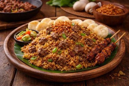 nasi goreng kambing khas dengan daging kambing empuk dan bumbu rempah kaya rasa