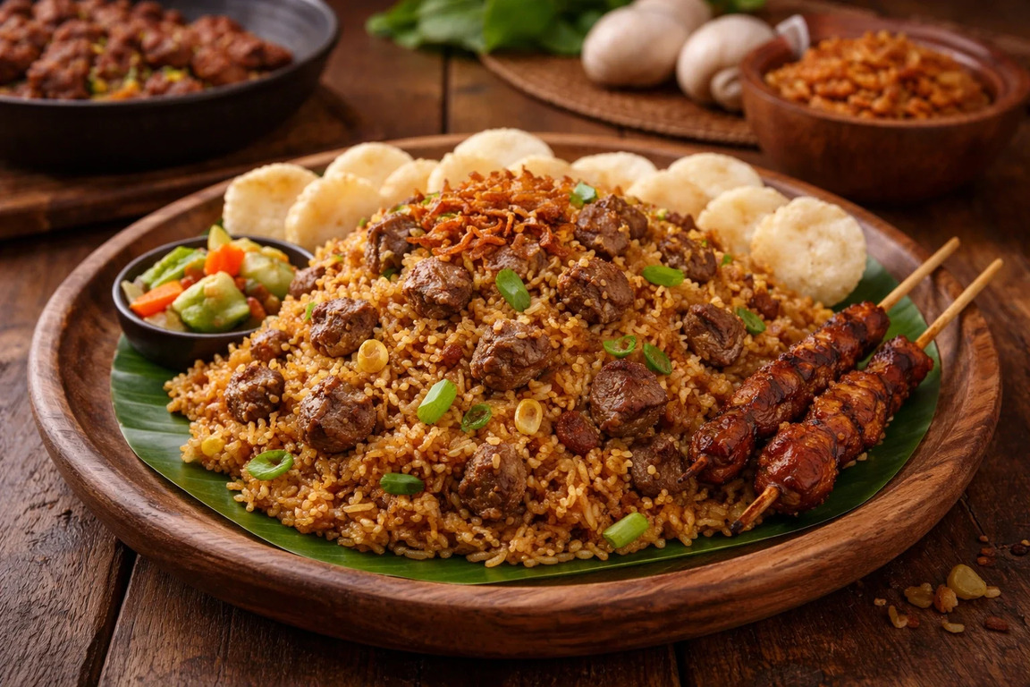 nasi goreng kambing khas dengan daging kambing empuk dan bumbu rempah kaya rasa