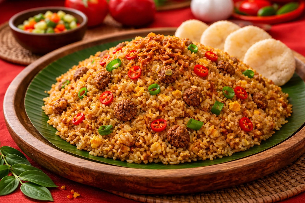 nasi goreng kampung sederhana khas indonesia dengan telur dan sayuran