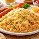 nasi goreng keju creamy dengan lelehan keju mozarella dan telur gurih