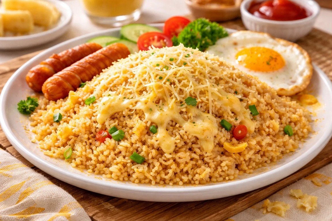 nasi goreng keju creamy dengan lelehan keju mozarella dan telur gurih