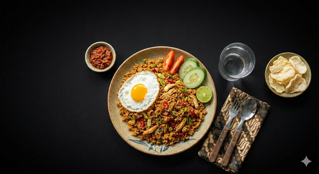 nasi goreng kornet sapi gurih dengan telur dan bawang goreng khas indonesia