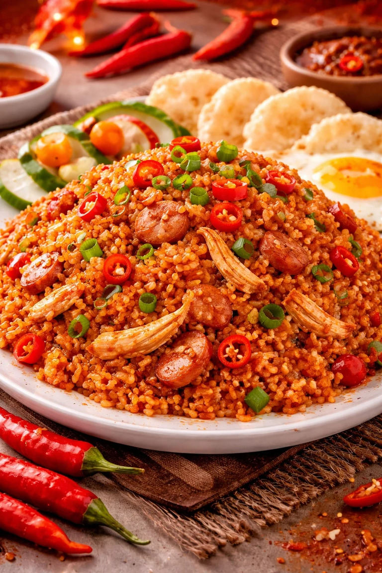 nasi goreng mercon pedas level tinggi dengan cabai rawit melimpah dan telur mata sapi