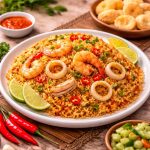 nasi goreng seafood udang cumi lezat dengan telur sayur dan bawang goreng khas indonesia