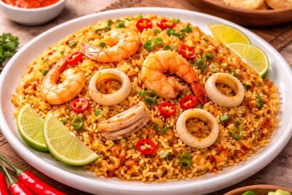 nasi goreng seafood udang cumi lezat dengan telur sayur dan bawang goreng khas indonesia