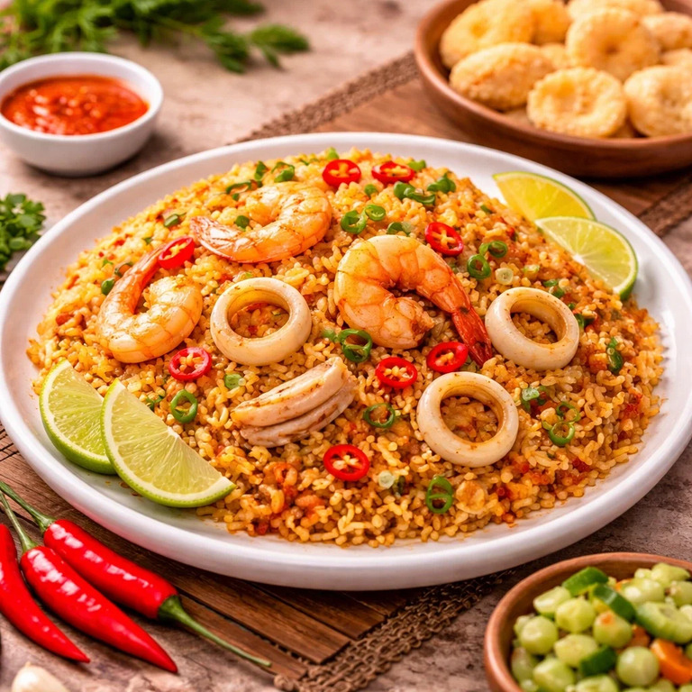 nasi goreng seafood udang cumi lezat dengan telur sayur dan bawang goreng khas indonesia