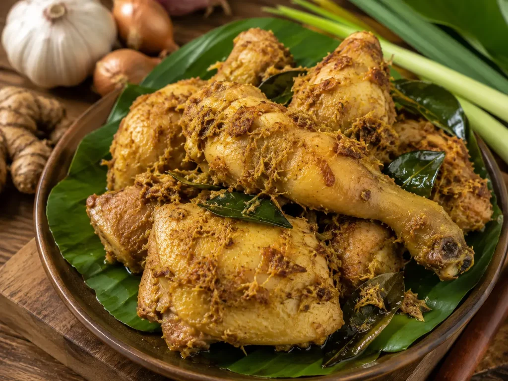 Ayam bumbu kencur khas Indonesia dengan rempah tradisional di atas daun pisang