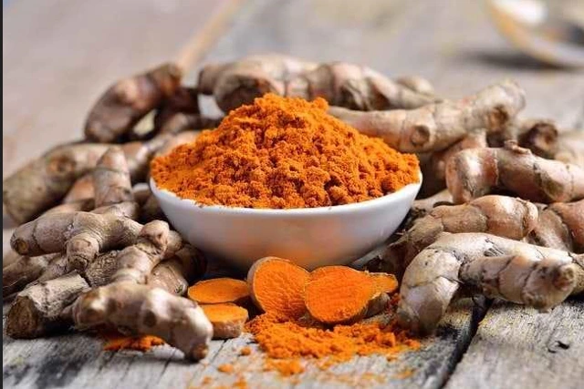 Kunyit segar dan bubuk kunyit alami di atas daun hijau untuk bahan herbal tradisional