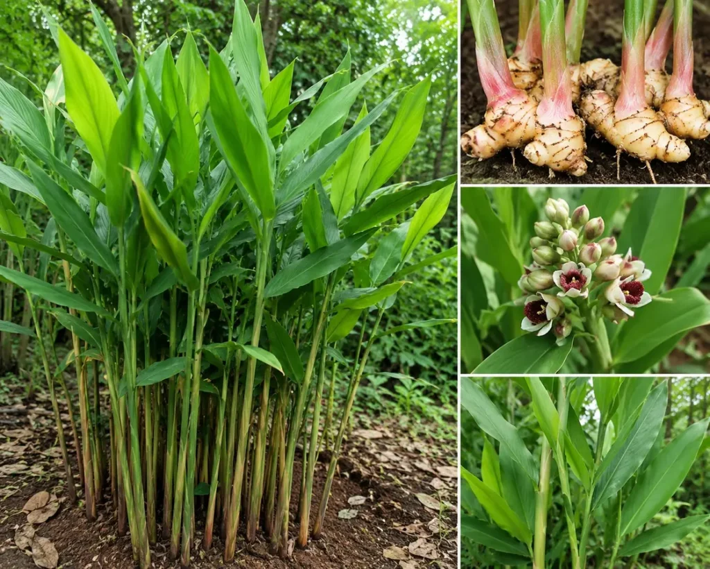 Tanaman lengkuas lengkap dengan rimpang, daun, dan bunga di kebun tropis