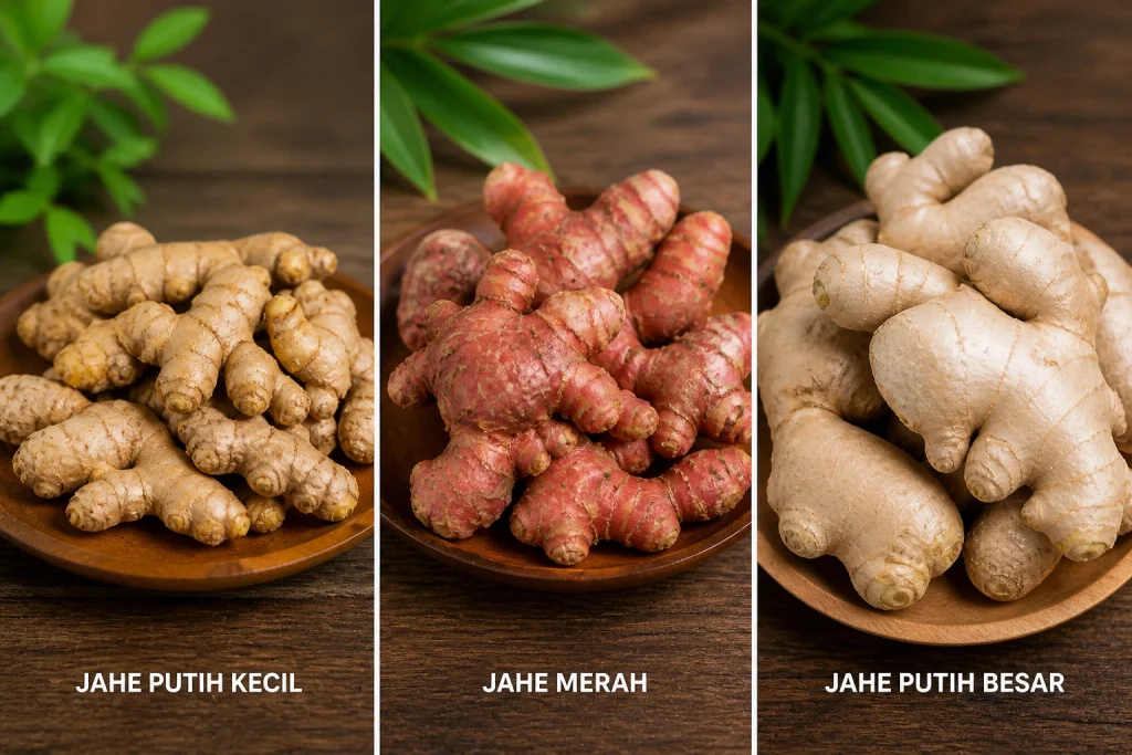 Perbedaan jahe putih kecil, jahe merah, dan jahe putih besar sebagai rempah herbal alami khas Indonesia.