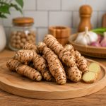 Kencur segar di atas meja dapur kayu dengan latar bumbu dapur tradisional