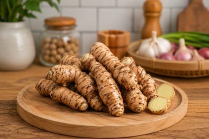 Kencur segar di atas meja dapur kayu dengan latar bumbu dapur tradisional
