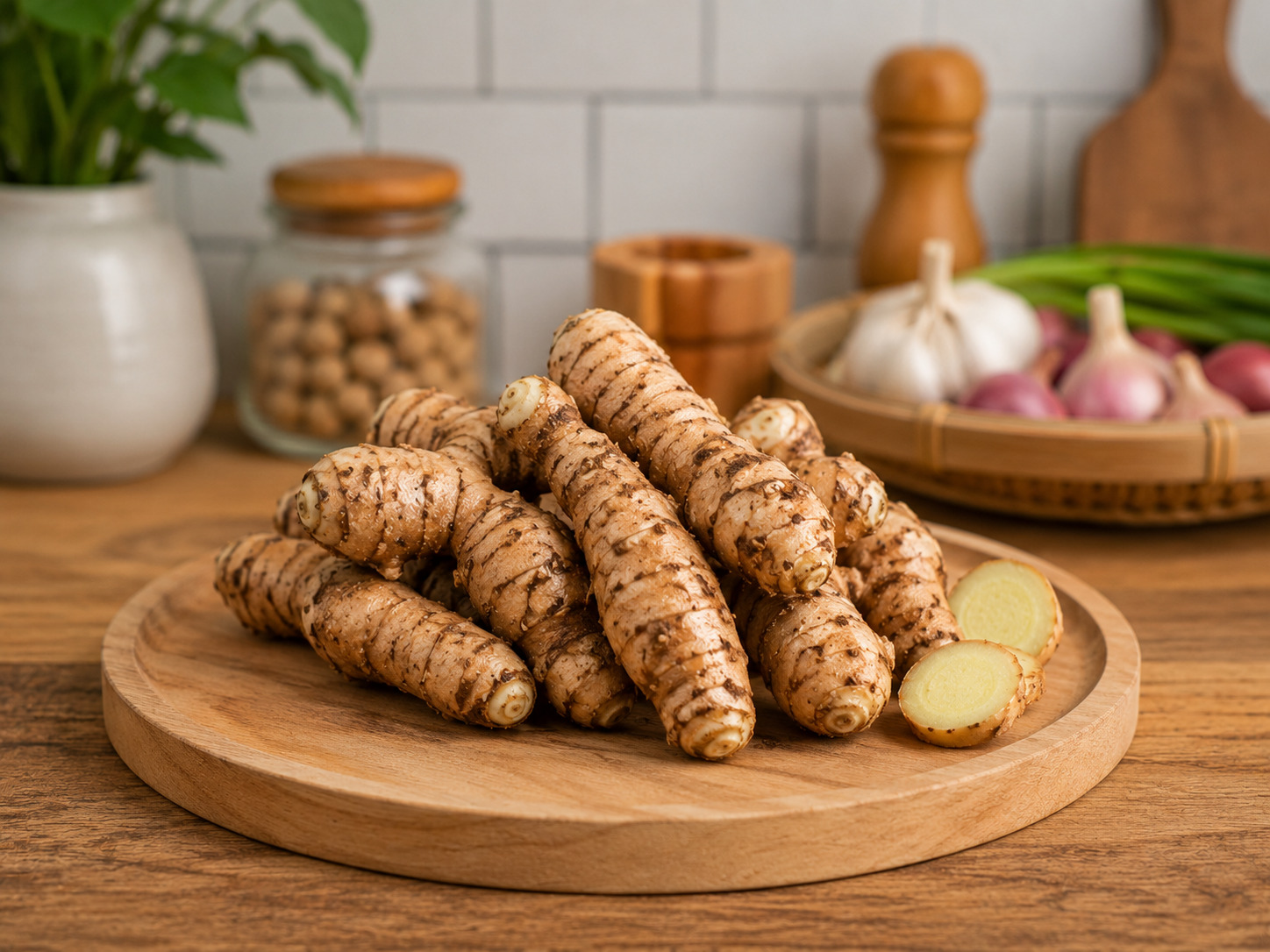 Kencur segar di atas meja dapur kayu dengan latar bumbu dapur tradisional