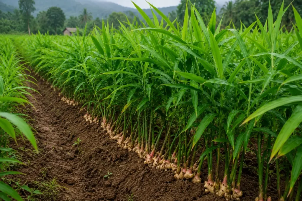 Ladang tanaman jahe hijau subur di perkebunan Indonesia dengan rimpang jahe segar berkualitas tinggi.