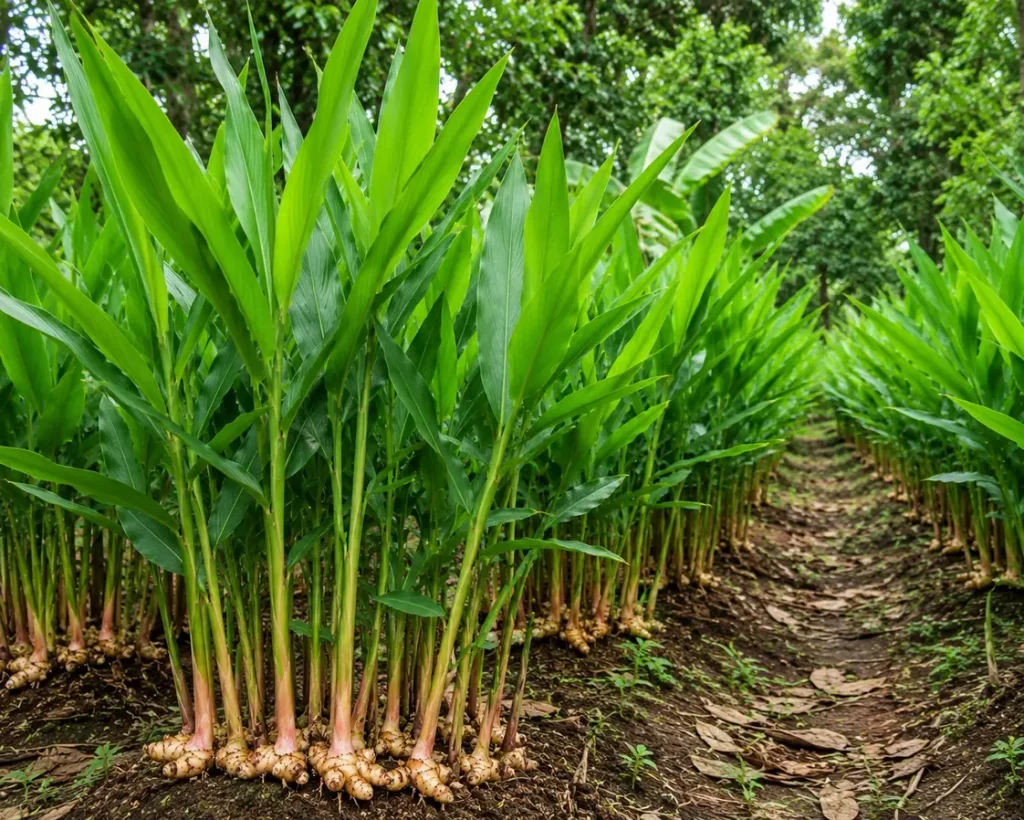 Kebun tanaman lengkuas hijau subur dengan rimpang terlihat di tanah