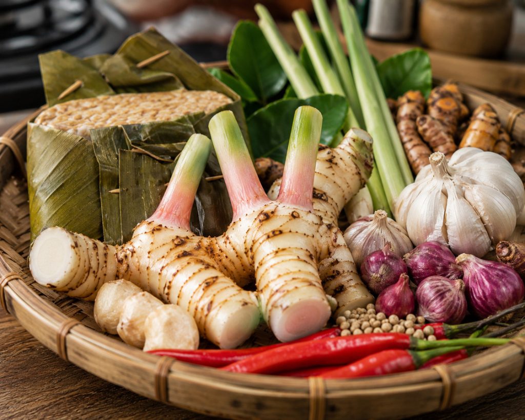 Lengkuas segar di tampah bambu bersama tempe dan bumbu dapur tradisional