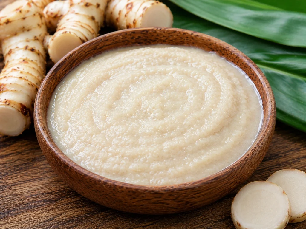 Lengkuas giling halus dalam mangkuk kayu di atas meja dapur
