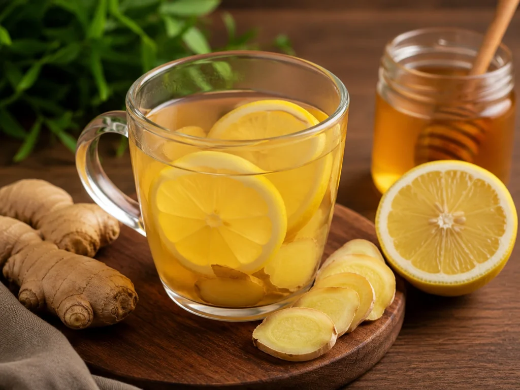 Minuman jahe hangat dengan perasan lemon dan madu alami dalam gelas kaca untuk meningkatkan daya tahan tubuh.