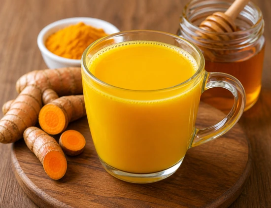 Minuman kunyit madu hangat dalam gelas kaca dengan kunyit segar dan madu alami