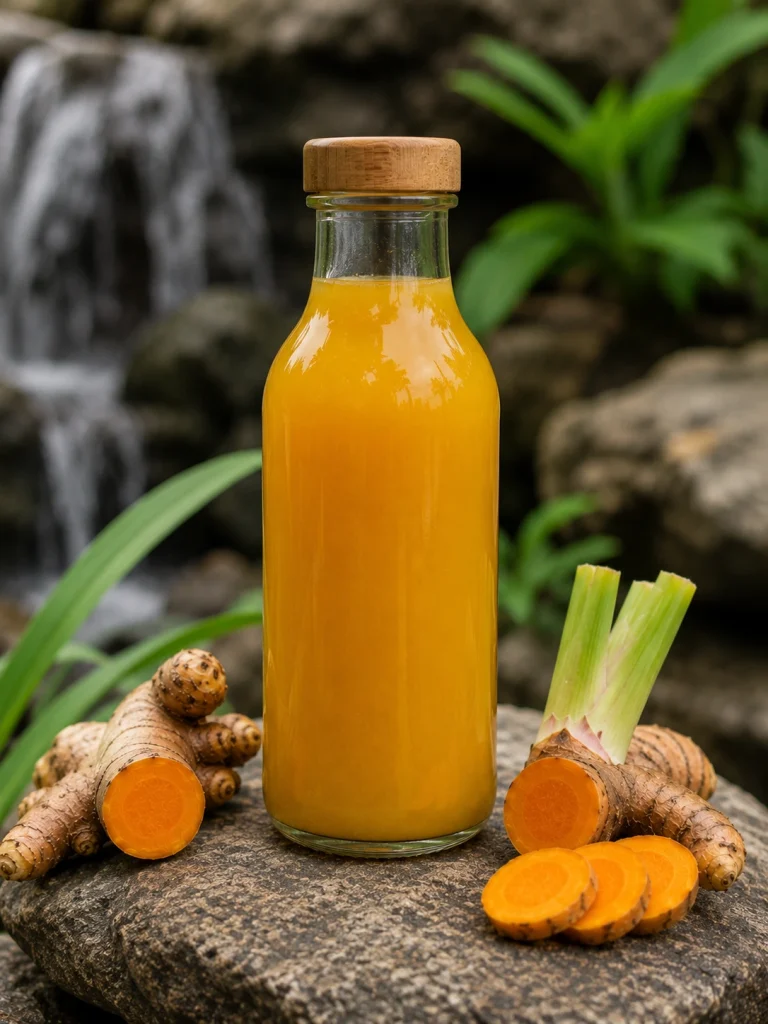 Minuman jamu temulawak berwarna kuning dalam botol kaca dengan rimpang temulawak segar