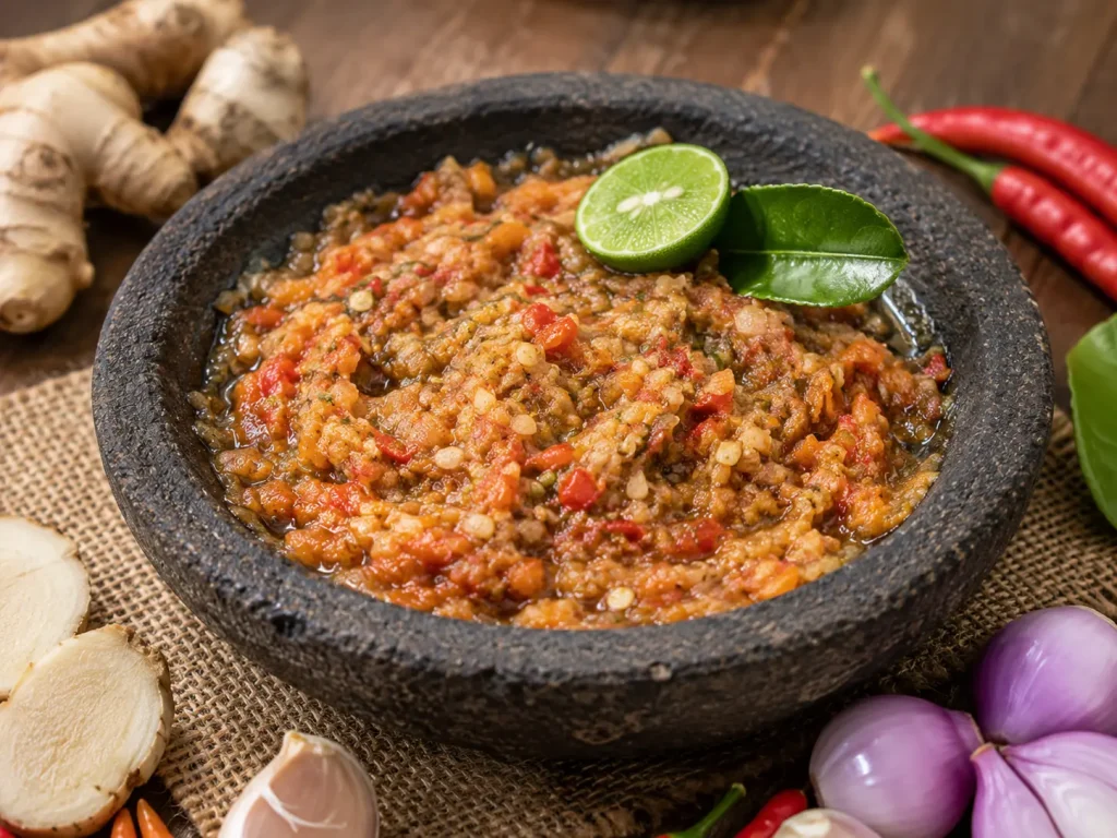 Sambal kencur pedas dalam cobek batu dengan irisan jeruk limau dan rempah segar