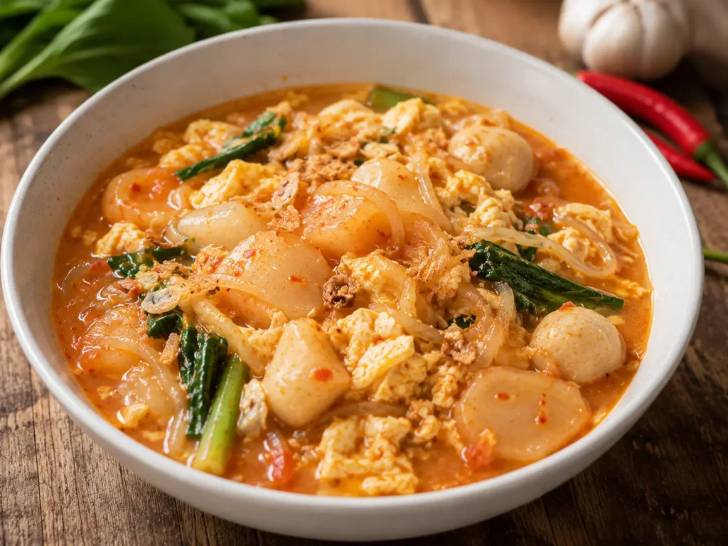 Seblak kuah pedas dengan kerupuk, telur, dan sayuran khas Sunda