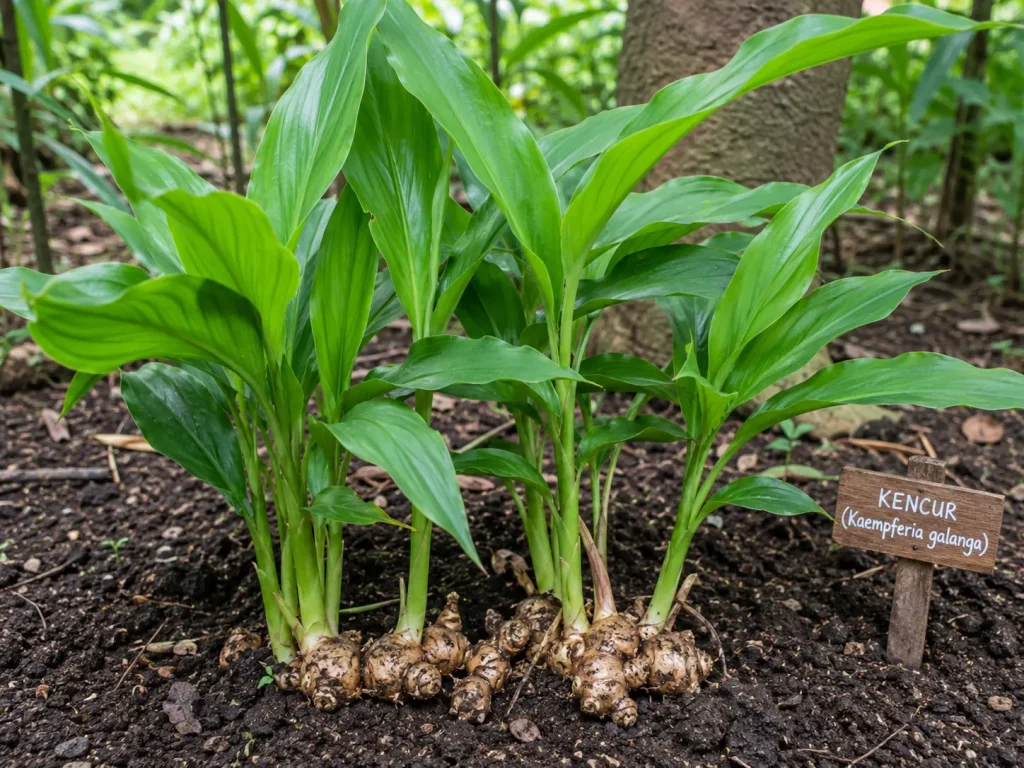 Tanaman kencur tumbuh subur di kebun dengan rimpang terlihat di permukaan tanah