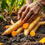 Petani memanen kunyit segar di kebun dengan tanah subur dan tanaman hijau