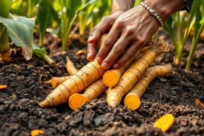 Petani memanen kunyit segar di kebun dengan tanah subur dan tanaman hijau