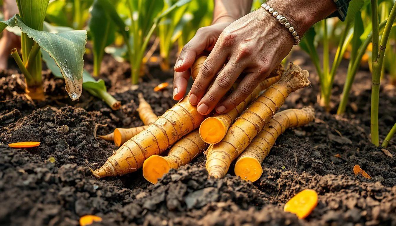 Petani memanen kunyit segar di kebun dengan tanah subur dan tanaman hijau