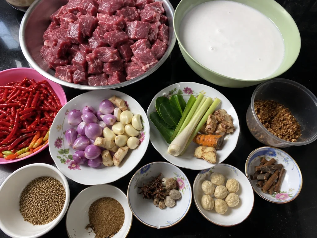 Kumpulan bahan rendang Padang lengkap terdiri dari daging sapi, santan kelapa, cabai merah, bawang merah, bawang putih, serai, daun jeruk, dan rempah-rempah tradisional.