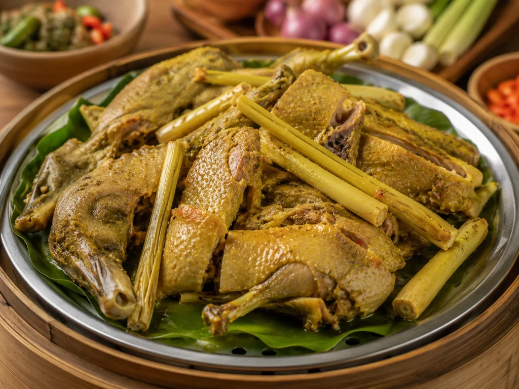 Bebek berbumbu serai disajikan di atas piring dengan batang serai utuh yang memberikan aroma khas dan cita rasa rempah Nusantara.