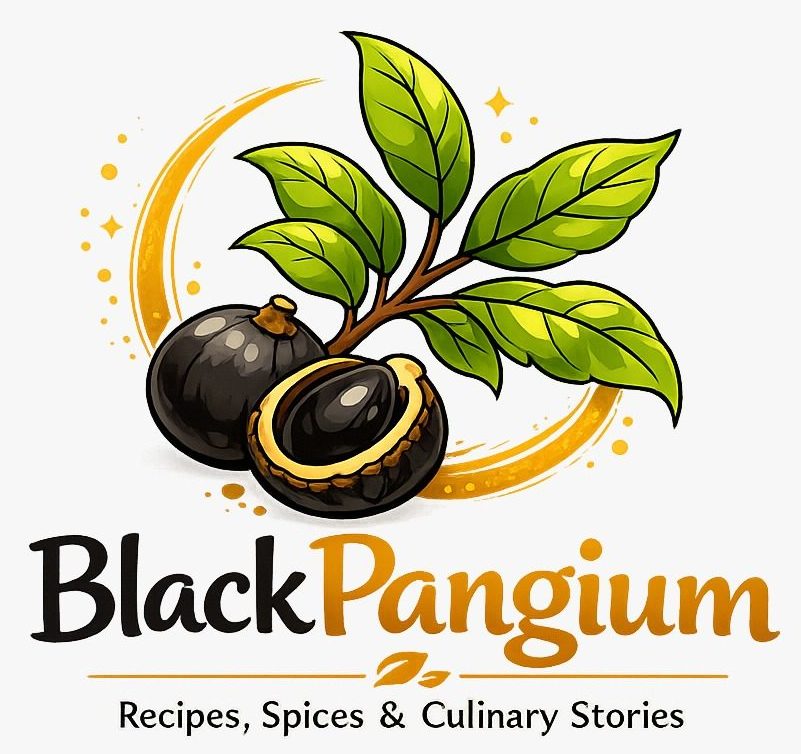 Logo BlackPangium dengan ilustrasi kluwek, daun, dan tulisan Recipes, Spices & Culinary Stories.