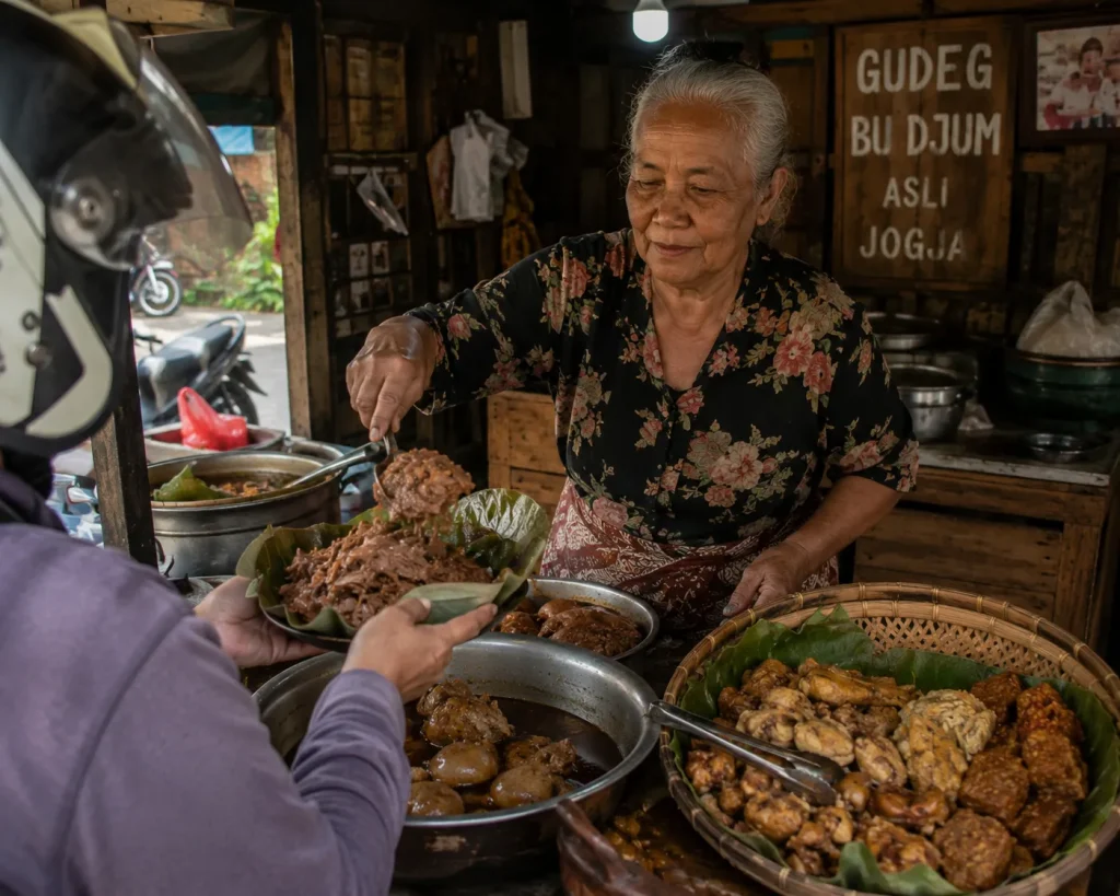 Nenek penjual Gudeg Jogja sedang melayani pembeli di warung gudeg tradisional Yogyakarta