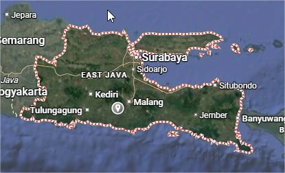 Peta Provinsi Jawa Timur yang menunjukkan wilayah Surabaya, Malang, Kediri, Jember, Situbondo, dan Banyuwangi.