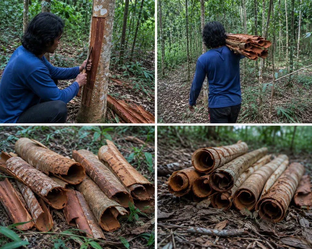 Proses panen kayu manis di kebun dengan pengupasan kulit batang dan hasil kulit kayu manis siap olah