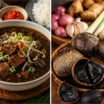 Rawon khas Jawa Timur dengan daging sapi dan kluwek sebagai bahan utama pembuat kuah hitam.Rawon khas Jawa Timur dengan daging sapi dan kluwek sebagai bahan utama pembuat kuah hitam.