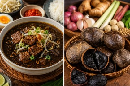 Rawon khas Jawa Timur dengan daging sapi dan kluwek sebagai bahan utama pembuat kuah hitam.Rawon khas Jawa Timur dengan daging sapi dan kluwek sebagai bahan utama pembuat kuah hitam.