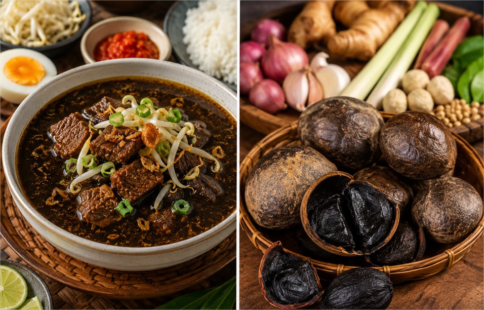 Rawon khas Jawa Timur dengan daging sapi dan kluwek sebagai bahan utama pembuat kuah hitam.Rawon khas Jawa Timur dengan daging sapi dan kluwek sebagai bahan utama pembuat kuah hitam.